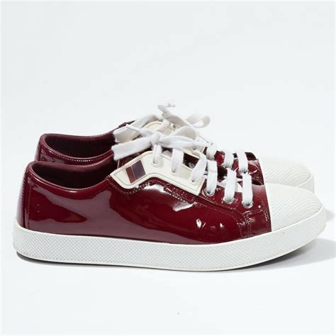 prada patent leather ribbon lace up sneakers|burgundy patent leather prada sneakers.